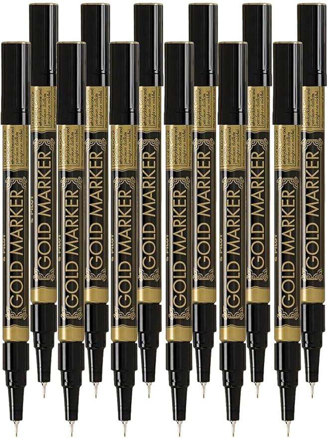 Metallic Permanent Paint Markers, Gold, Extra Fine Point (0.5mm), 12 Count, Bundle with Plastic Reusable Pouch
