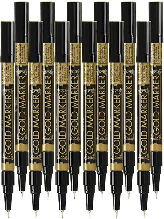Metallic Permanent Paint Markers, Gold, Extra Fine Point (0.5mm), 12 Count, Bundle with Plastic Reusable Pouch