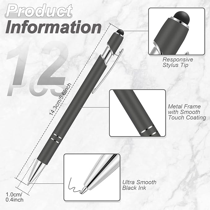 Tenare 12 Pieces 2 in 1 Stylus Metal Ballpoint Pen with Stylus Tip, 1.0 mm Black Ink Ballpoint Pen for Touch Screens(Gray and Silver)