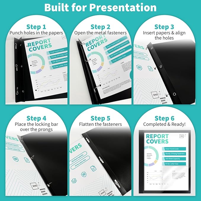 Binditek 100 Pack Clear Front Report Covers with 3 Prongs, 100-Sheet Capacity, Heavy-Duty Plastic Report Folder with Black Back Covers, 3 Metal Prongs Fasteners, for Letter Size, Office Supplies