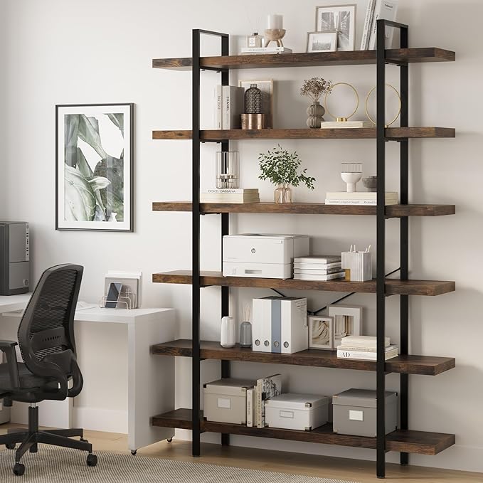 Heavy Duty 6-Tier Industrial Bookcase, 47" Wide Wood Bookshelf for Home Office, 120lbs Shelf Capacity, Rustic Open Shelving Display with Reinforced Horizontal Shelf for Living Room Bedroom