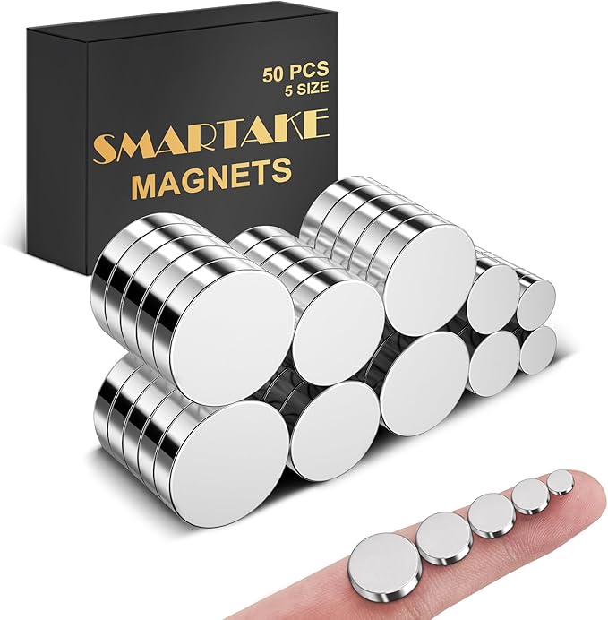 SMARTAKE 50 Pcs Rare Earth Magnets, 5-Size Small Round Fridge Magnets, Multi-Use Premium Office Magnet for Fridge, Office, Whiteboard, Crafts, DIY Hobbies, Kitchen, Science(Silver)
