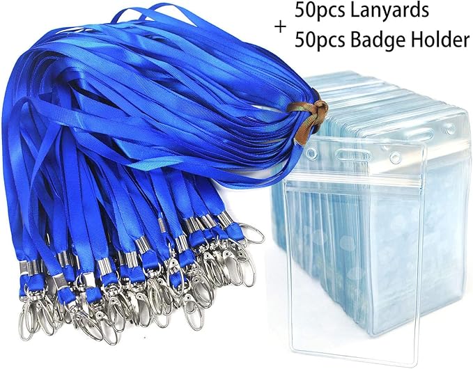 Lanyard with ID Holder 50 Pcs Waterproof Name Tag Vertical Badge ID Card Holders ID Pass Holder and 50 Pcs Flat Neck Blue Lanyards Swivel Hook