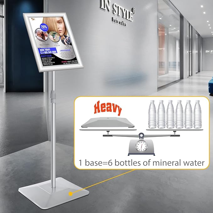8.5"x11" Pedestal Poster Sign Stand with Heavy Duty Base, Adjustable Sign Holder Standing Floor Sign Stand for Office,Store,School,Church,Public Sign Displayed Stands, Silver