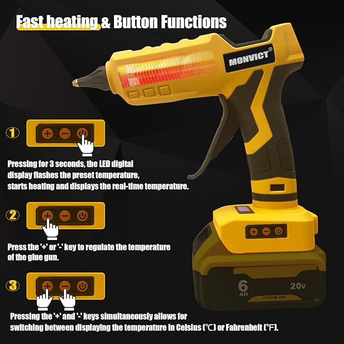 MONVICT Cordless Glue Gun for Dewalt 20V Battery with 50 Glue Sticks, Upgraded 100W Digital Temperature Adjustable Handheld Electric Power Full Size Heavy Duty Hot Glue Gun (Tool only)