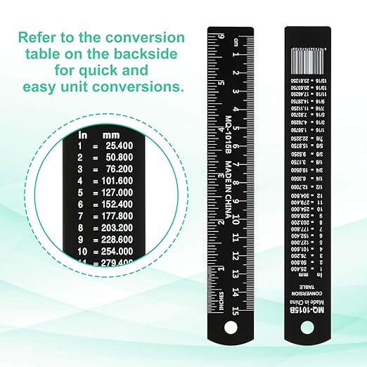 PATIKIL 15cm/6" Metal Ruler, 2 Pack Aluminum Alloy Rulers with Centimeters, Millimeters, Inches and Conversion Table Straight Edge Ruler for Writing Machinist Drafting, Black