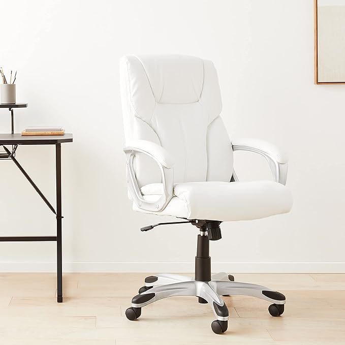 Amazon Basics Executive Home Office Desk Chair with Padded Armrests, Adjustable Height and Tilt, Rolling Swivel Chair, 275 Pound Capacity, White and Pewter