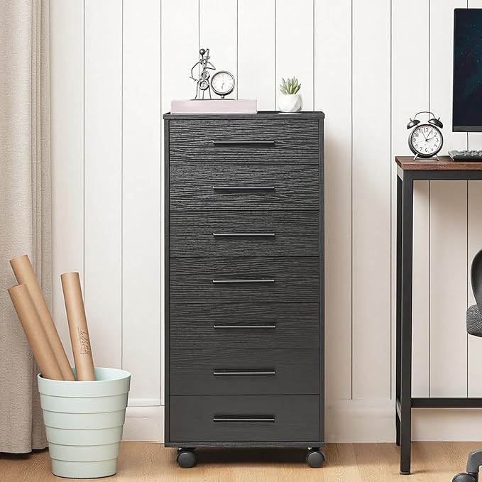 HOOBRO 7-Drawer File Cabinet, Wooden Office Cabinet with Drawers, Mobile Storage Cabinet, for Home Office, Study, Easy Assembly, Black BK07WJ01