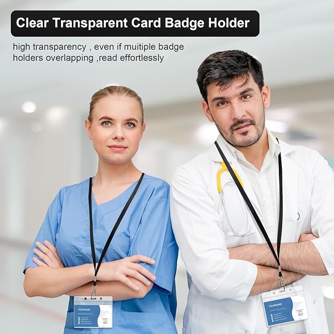 100 Pack Lanyards for ID Badges with Clear Name Tags, Reusable Lanyards Horizontal ID Card Badge Holders Plastic Name Badges for Men Women Kids Business School and Office Supplies (Black)