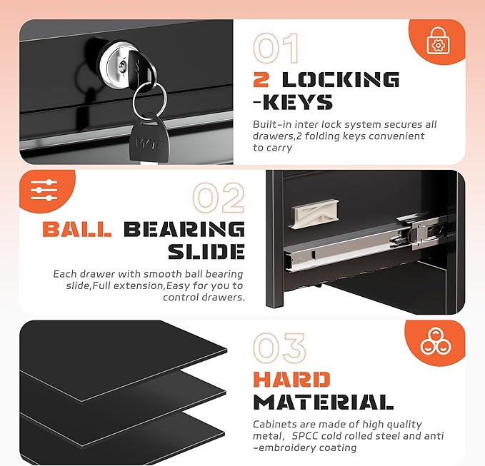 INTERGREAT 4 Drawer File Cabinet, Lateral File Cabinet with Lock, Metal Office Filing Cabinet with Adjustable Frame for Legal, Letter, A4 Files, Fast Assembeld, Black