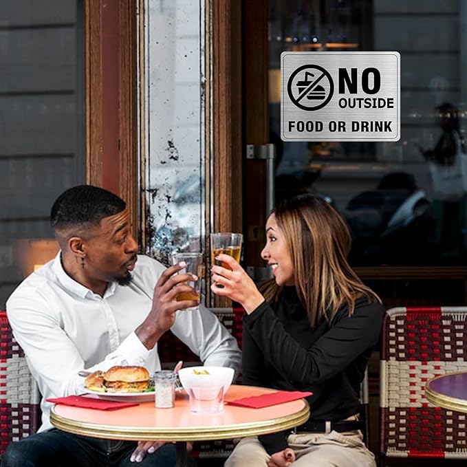 No Outside Food or Drink Sign Aluminum Silver 8 x 6 Inches Self-Adhesive Waterproof Metal Door Wall Sign for Business Restaurants 2 Pack