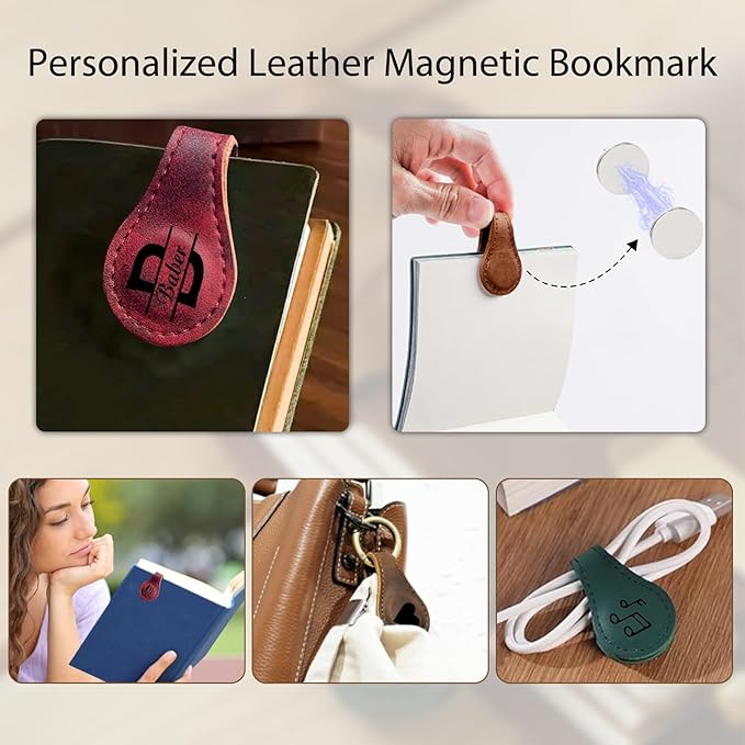 Personalized Leather Magnetic Bookmarks - Custom Magnetic Leather Bookmark with Engraved Logo Text, Vintage Bookmark Clips Customized Gifts for Women, Kids, Men, Book Lovers, Mother, Father