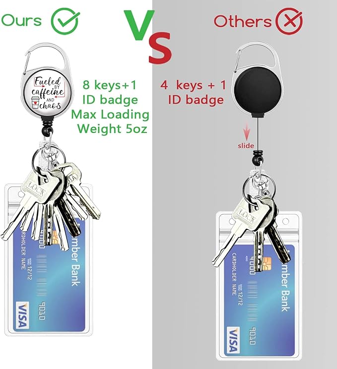 Gctriki Badge Reel Holder Retractable Heavy Duty with 360° Swivel Carabiner Clip, Funny Fueled by Caffeine and Chaos ID Holder Name Badge Clip RN Nurse Medical Badge Reel Retractable Keychain Gifts