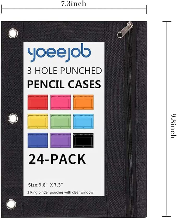 YoeeJob Pencil Pouch for 3 Ring Binder，Zipper Pencil Pouches Bulk，Pencil Case Pouch with Clear Window for Class, School, Office, 4 Colors-24 Packs