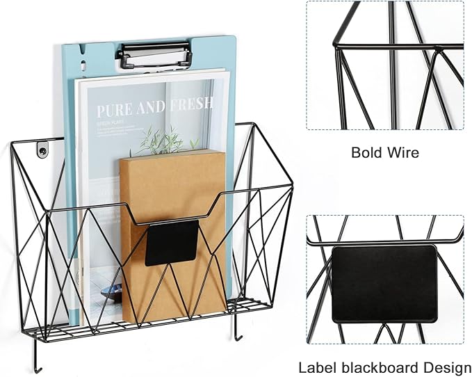 Hanging Wall File Holder Wall Mount Metal Wall File Organizer 3 Pockets Mail Organizer with Hooks for Office Home,Black