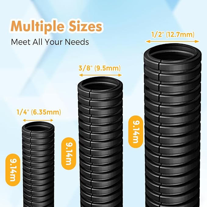 Automotive Wire Loom Flame Retardant Split Wire Loom Tubing Assortment Wiring Loom Kit Plastic Cover Electrical Covering Conduit Protective Wire Wrap Cable Sleeves Black 1/4", 1/2", 3/8" x 30 Ft