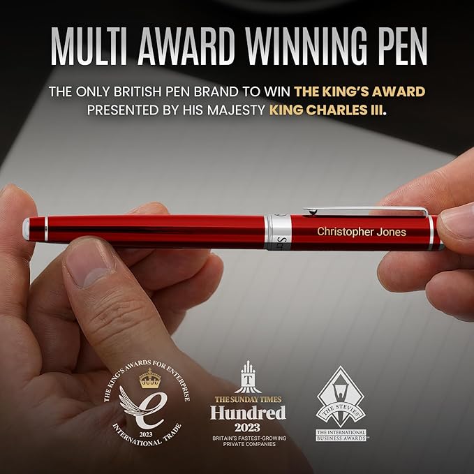 Scriveiner Personalized Deep Crimson Red Pen - Stunning Red Lacquer Luxury Pen with Chrome Finish, Schmidt Ink Refill, Best Engraved Roller Ball Gift Set for Men & Women, Custom Name Engraving