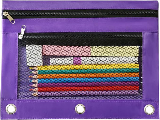 3 Ring Binder Pencil Pouch - School Pencil Case with 2 Zippered Pockets, Clear Mesh Window Pencil Bag, B5 Size, Back to School Gifts (Purple)