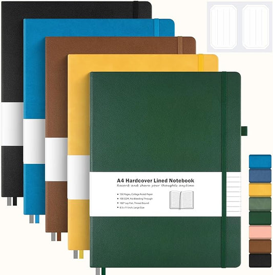 5 Pack College Ruled Notebook, A4 Hardcover Leather Notebook for Work, Lined Notebook Journal for Women, Men, 192 Thick Paper, 8.5" x 11", Large Notebook, Professional Business Notebook, Multicolor