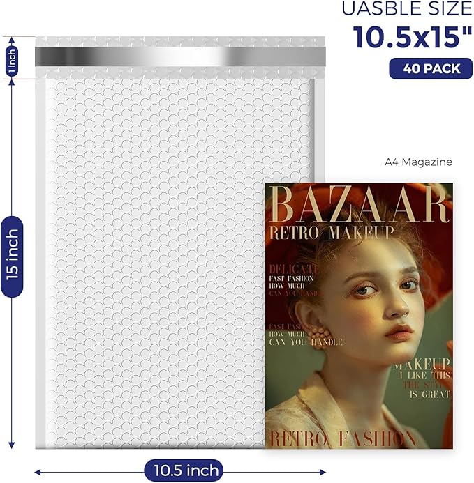 Fuxury White Bubble Mailers 10.5x16" 40 Pack,Padded Envelopes Self Seal Bubble Mailer Waterproof Padded Mailer Bubble Envelopes Cushioning Bubble Shipping Mailer for Clothing, Packaging&Small Business