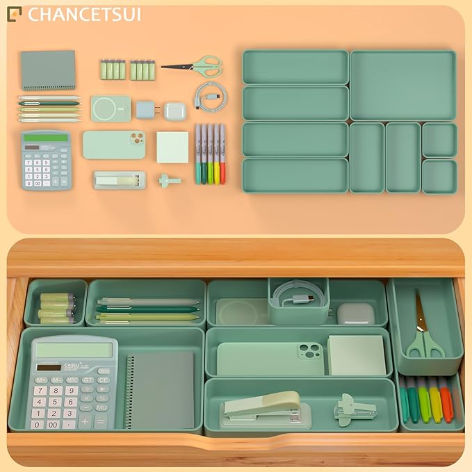 CHANCETSUI 9 Pcs Stackable Drawer Organizer Trays Set, Green, Multifunctional Storage for Vanity, Bathroom, Kitchen, Desk Drawer Organizer Office, PET Plastic