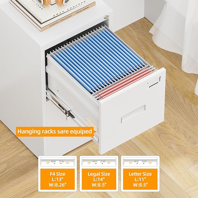 INTERGREAT 2 Drawer File Cabinet, White Metal Filing Cabinet with Lock, Lockable Narrow Storage Cabinet with 4 Adjustable Hanging Rods for Home Office