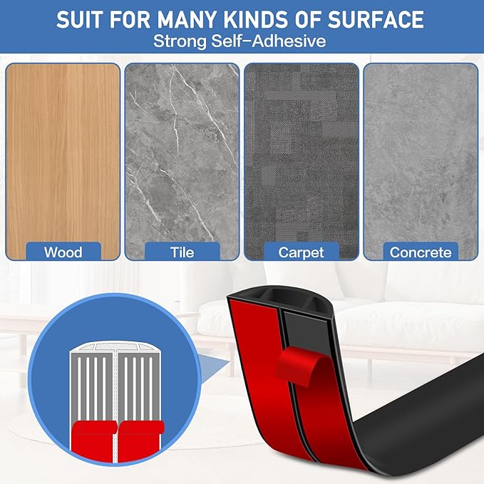 Floor Cord Cover Self Adhesive Cord Hider Floor Extension Cord Covers for Floor Power Cord Protector Cable Management Prevent Cable Trips Cable Cavity 0.51" W x 0.31" H (Black, 3.3Ft)