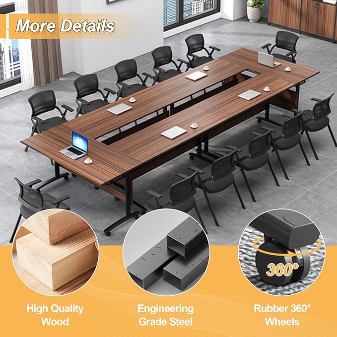 Conference Room Table with Silent Wheels, Mobile Folding Conference Table for 16 Person,Flip Top Office Training Tables with Walnuts Wood Tabletop, for School,Business Meeting Rooms (8Pack 55in)