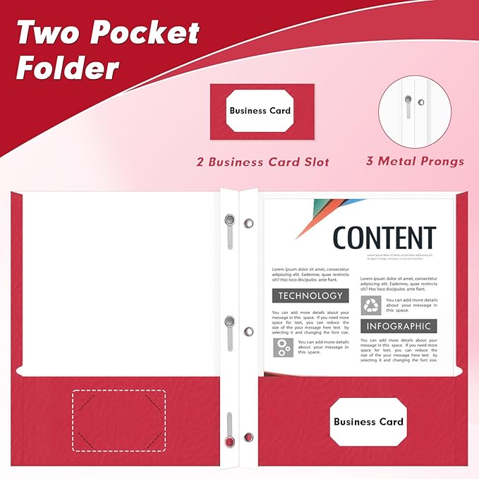 Two Pocket Folders, PANDRI 60 Pack Two Pocket Folders with Prongs, 3 Prong Folders Designed for Office and Classroom, Letter Size Red