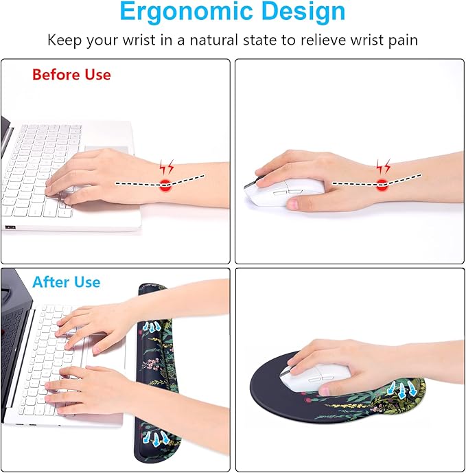 Dapesuom Keyboard Wrist Rest and Mouse Pad with Wrist Support, Cute Memory Foam Cushion for Keyboard and Mouse Set, Ergonomic Pad Rests with Non Slip Base for Easy Typing & Pain Relief, Elegant Flower
