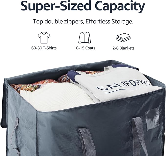 Moving Bags Heavy Duty Extra Large, Moving Boxes, Moving Supplies Essentials, Storage Bins with Lids, Plastic Packing Totes, Storage Bags for Clothes with Handles & Zippers(Grey, 10 Pack)