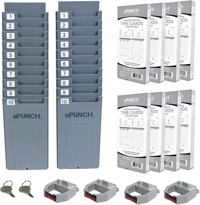uPunch HN4540 Comprehensive Small Business Start-Up Kit: AutoAlign Calculating Time Clock System with 400 Time Cards, Ribbons, and Racks