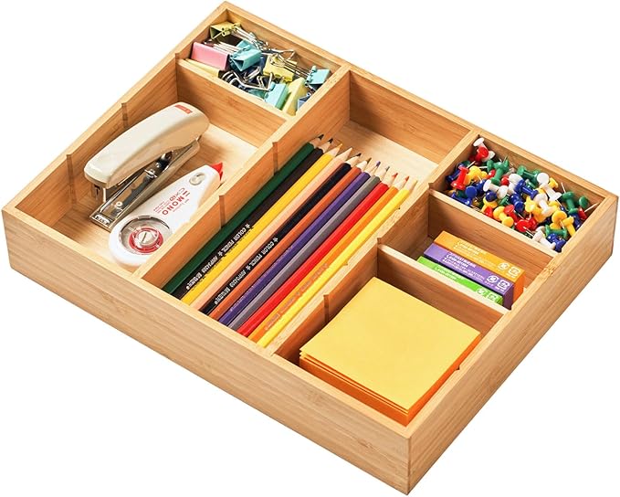 Umilife Desk Drawer Organizer, Bamboo Wood Organizer Tray with Adjustable Compartments, Office Desk Accessories Supplies Organization Storage, 12" x 9"
