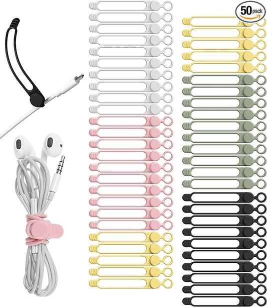 Nearockle 50Pcs Silicone Cable Ties Cord Organizer for Bundling Earphone, Phone Charger, Computer Cords, Reusable Cable Ties Wire Organizer in Home,Office,Kitchen,School (5 Colors)