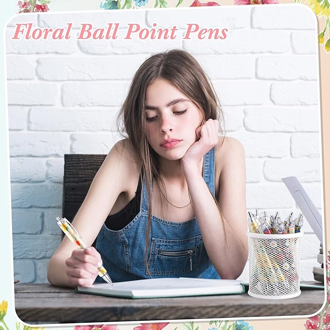 Thenshop 50 Pcs Floral Pens Bulk Flower Colorful Floral Flower Theme Gel Ink Ballpoint Pen Appreciation Gifts Party Favors for Friends Employee Office Holiday