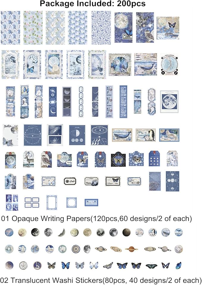200PCS Vintage Scrapbooking Supplies Pack, Aesthetic Scrapbook Sticker Paper Art Journaling Kit for Bullet Junk Journals,Planner,Cottagecore Decor Gifts (Blue Series)