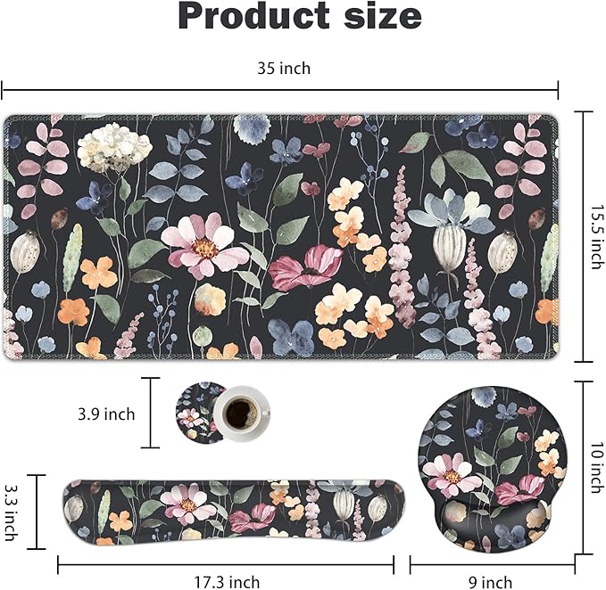 ARTSO Desk Mat, Large Gaming Mouse Pad Wrist Support Set, Ergonomic Keyboard Wrist Rest Desk Pad with Coaster Combo, Extended Mousepad with Non-Slip for Home Office, Flowers Plants