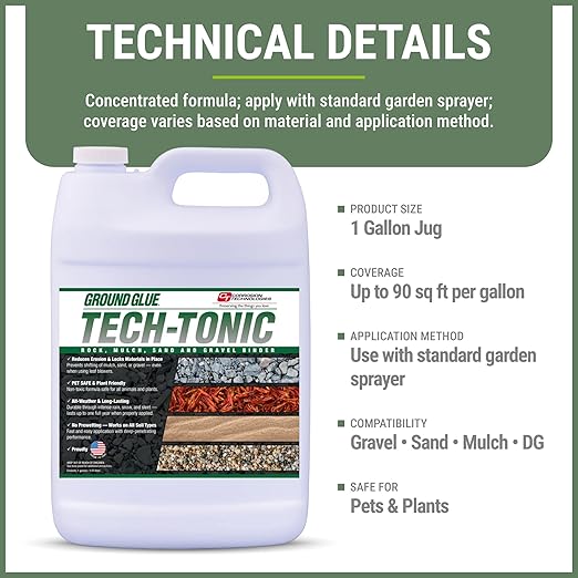 Ground Glue Tech-Tonic Landscape Adhesive for Rock, Mulch, and Sand, Weatherproof Long-Lasting Stabilizer for Trails & Slopes, Pet-Safe Binder for Pea Gravel, Bark & Flower Beds, Made in USA, 1 Gallon
