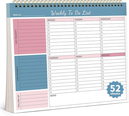 Weekly To Do List Notepad, 52 Undated Sheets （8.5"×11") Duplex-Printed Weekly Desk Planner For Work Home School Office Desk Accessories Supplies & Goal Setting Tasks - Blue