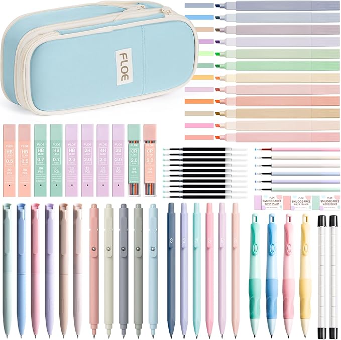 65PCS Aesthetic School Supplies with Cute Pencil Case, Pastel Highlighters Gel Pens Mechanical Pencils Set 0.5 0.7 & 2.0mm, Office Back to School Supplies College Essentials Kit Student Stationary Set