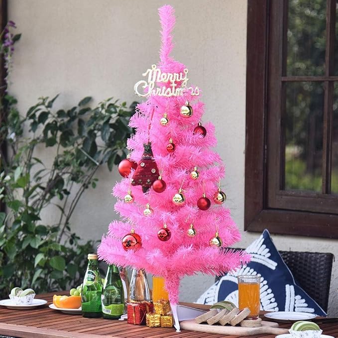 Happygrill 3FT Artificial Christmas Tree, Pink Premium Mini Christmas Tree with Stand Base, Indoor Tabletop Xmas Tree for Home Office Festival Holiday Decoration