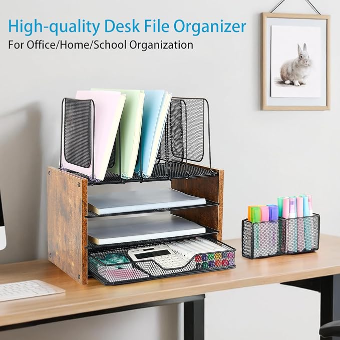 Wood Desk Organizers and Accessories, 4-Tier Workspace Desktop Paper Organizer with Drawer, 5 Vertical File Holders and Pen Holder for Office Supplies