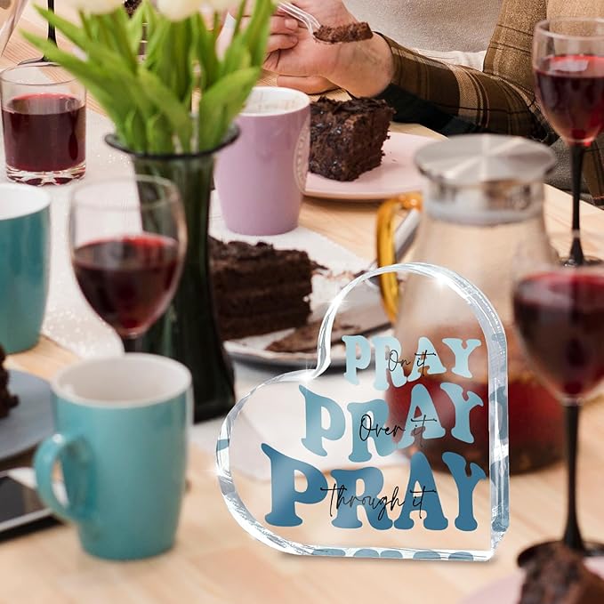 Blue Religious Christian Decor for Woman, Blue Heart Shape Gifts for Birthday Dorm Living Room Church Table Desk Bookshelf, Acrylic Office Desk Accessories Decoration Art Sign-Pray Through It