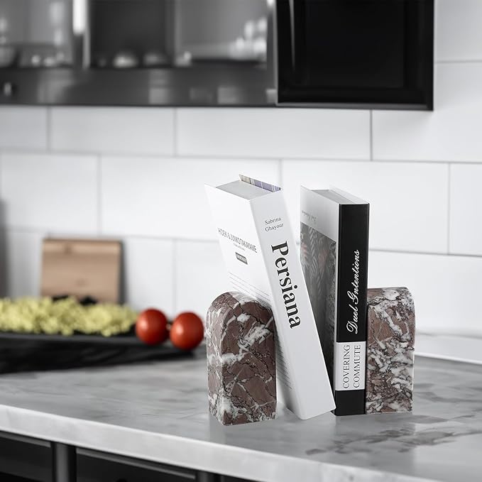 Koville Turkish Natural Marble Bookends for Shelves, Decorative Book Ends, 7lbs Heavy-Duty Marble Book Holders, Bookshelf Apartment Decor for Normal Books/CD/Video Games(Leopard)