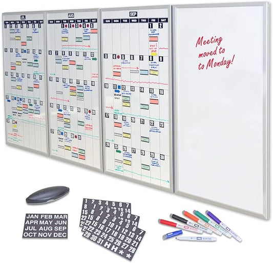 Ultimate Office Whiteboard Dry Erase Magnetic Write On Planning Boards & Scheduling Kit. Includes Set of 3 Monthly Panels, 1 Plain Panel, Magnets, 6 Markers and Eraser. Rotatable & Easy to Update
