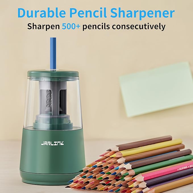 JARLINK Electric Pencil Sharpener, Heavy-Duty Helical Blade to Fast Sharpen, Auto Stop for No.2/Colored Pencils(6-8mm), AC Adapter/Battery Operated in School Classroom/Office/Home (Green)