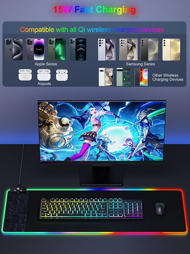RGB Gaming Mouse Pad with Fast Wireless Charger, LED Extended Desk Mat, Home Office Large Desk Pad with Ultra-Smooth Surface, Non-Slip Base, Waterproof Keyboard Pad (Black)