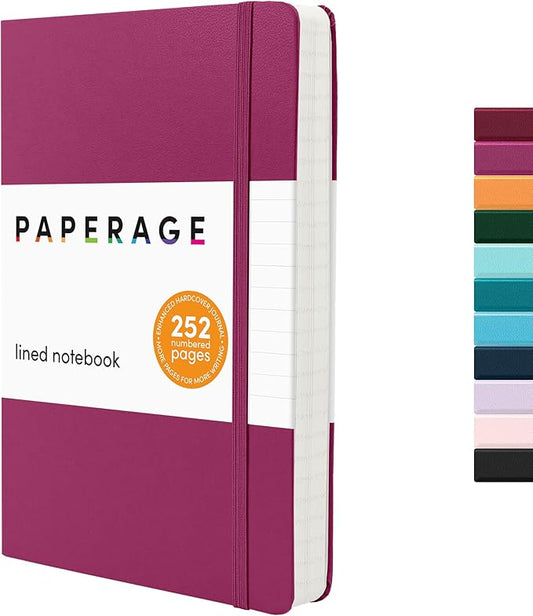 PAPERAGE Lined Journal Notebook, (Raspberry), 252 Pages, Medium 5.6 in x 8 in - 100 GSM Thick Paper – Hardcover Journaling Notebook for Work, School & Note Taking