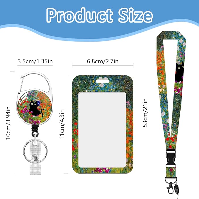 Oil Painting cat Badge Holder Reel Lanyard,Flower ID Card Badge Holder Retractable Name Tag Clips for Doctor Nurse Teacher Office Student