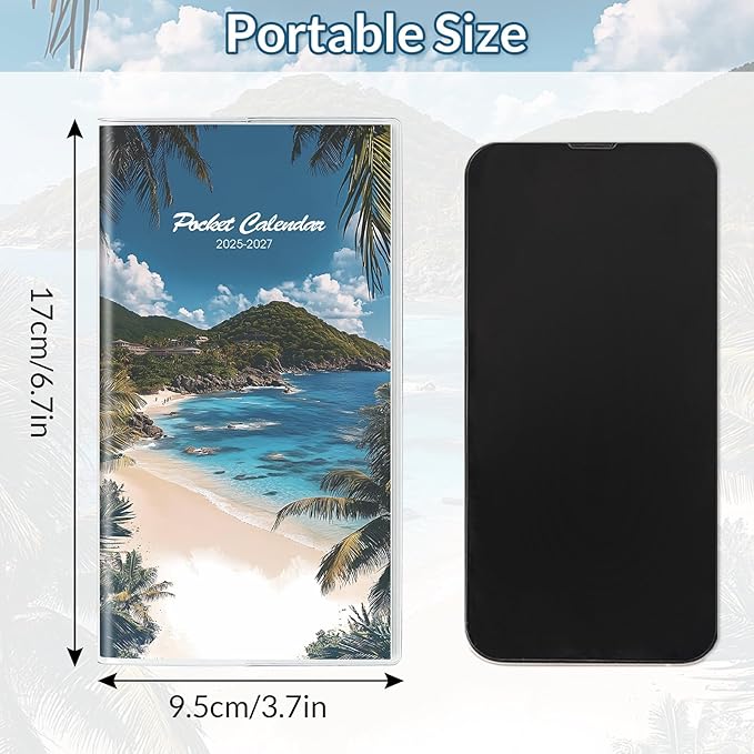 Pocket Calendar 2025-2027, Small Monthly Planner 2025-2027 - 3.7" x 6.7" - Runs from July 2025 Until December 2027, Pocket Calendar 2026 with Beach Cover for Planning